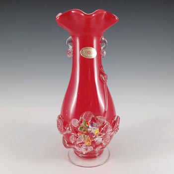 LABELLED Chinese Vintage Red Cased Glass 'Plum Blossom' Vase