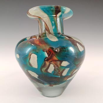 SIGNED Mdina 'Tiger' Maltese Blue & Brown Glass Vintage Vase
