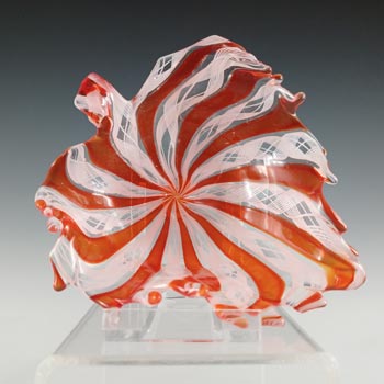 Murano White Zanfirico & Red Filigree Glass Leaf Bowl