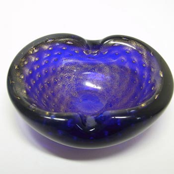 Murano Blue & Gold Leaf Bullicante Glass Sculpture Bowl