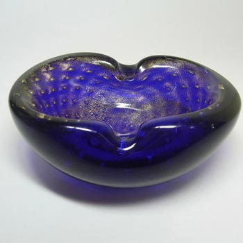 Murano Blue & Gold Leaf Bullicante Glass Sculpture Bowl
