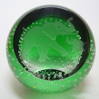 Caithness Green Glass "Creatures" Elephants Paperweight