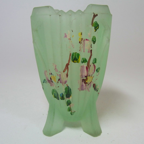 Bagley #3057 Art Deco 3.75" Painted Green Glass 'Bedford' Vase - Click Image to Close