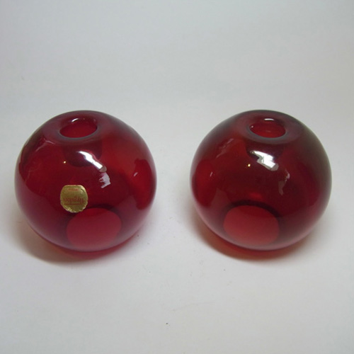 2 x Swedish Flygsfors Red Glass Candlesticks - Labelled - Click Image to Close