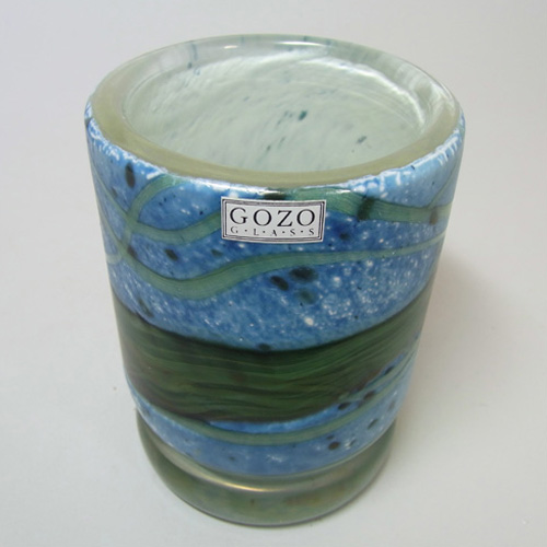 Gozo Maltese Blue & Green Glass Vase Signed + Labelled - Click Image to Close