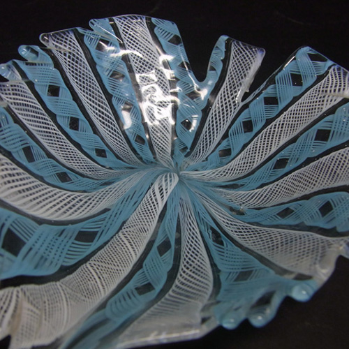 Murano Latticino/Zanfirico Blue + white Glass Dish/Bowl - Click Image to Close