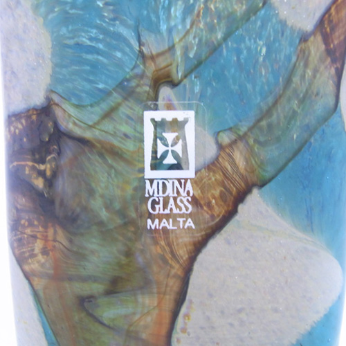 (image for) Mdina 'Tiger' Maltese Blue & Sandy Glass Vase - Signed & Labelled - Click Image to Close