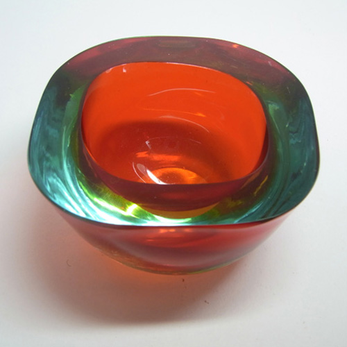 Murano Geode Red & Turquoise Sommerso Glass Square Bowl - Click Image to Close