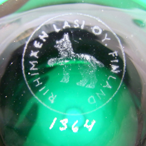 (image for) Riihimaki #1364 Riihimaen Lasi Oy Green Glass Vase - Marked - Click Image to Close