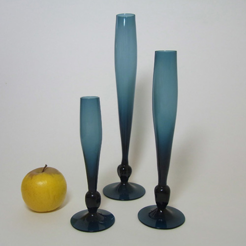 Alsterfors Set of 3 Swedish 1970's Blue Glass Stem Vases - Click Image to Close