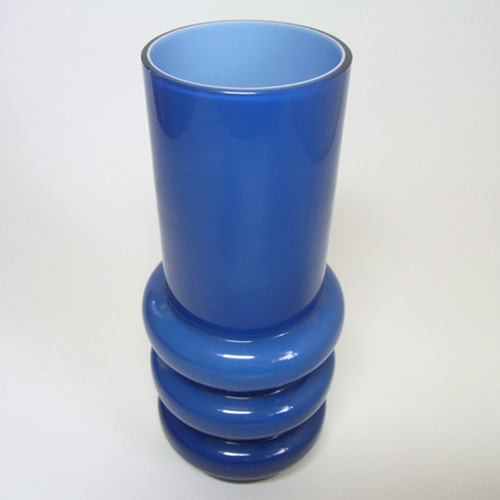 Scandinavian Vintage Blue Cased Glass Hooped 8" Vase - Click Image to Close