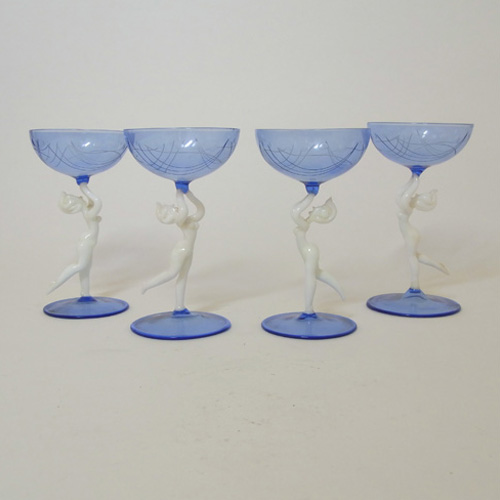 (image for) Vintage Set of 4 Blue & White Nude Lady Spirit Glasses - Click Image to Close