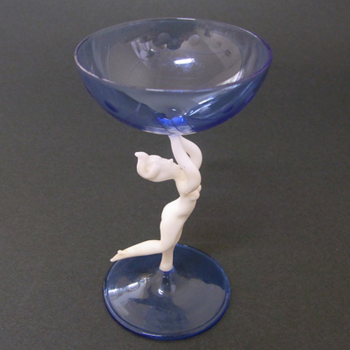 Vintage Set of 4 Blue & White Nude Lady Spirit Glasses - Click Image to Close