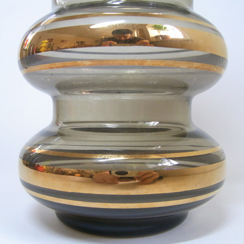 (image for) Romanian Smoky Glass + Gold Gilt Hooped Vase - Click Image to Close