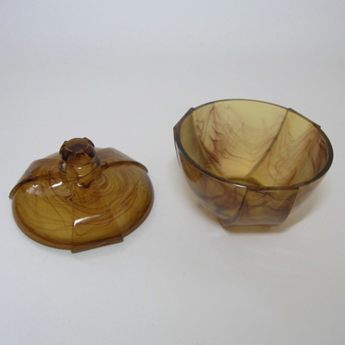 (image for) Davidson #330 Art Deco Amber Cloud Glass Candlesticks + Bowl - Click Image to Close