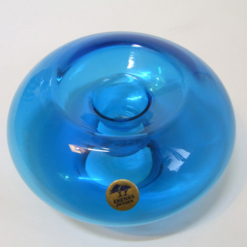 Ekenas Swedish Blue Glass Candlestick Holder - Labelled - Click Image to Close