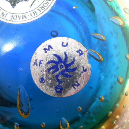Galliano Ferro Murano Blue & Amber Glass Bubble Bowl - Labelled - Click Image to Close