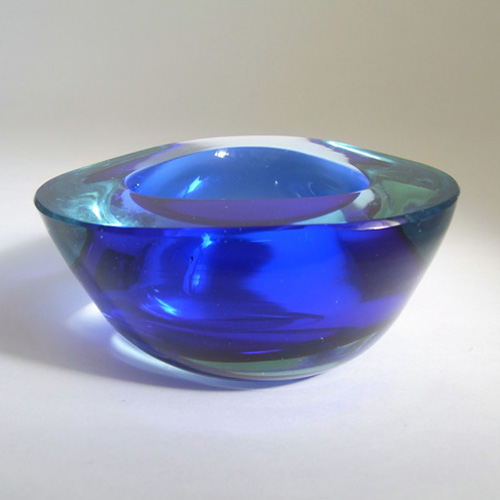 Murano Geode Blue & Turquoise Sommerso Glass Triangle Bowl - Click Image to Close