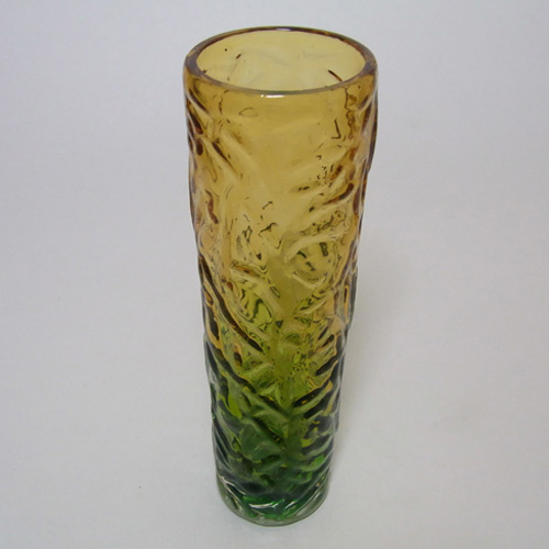 Tajima Japanese "Best Art Glass" Textured Amber & Green Cased Glass Vase - Click Image to Close