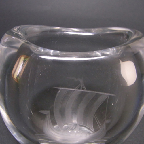 (image for) Magnor Norwegian 1950's Glass Etched Ship Vase - Signed - Click Image to Close