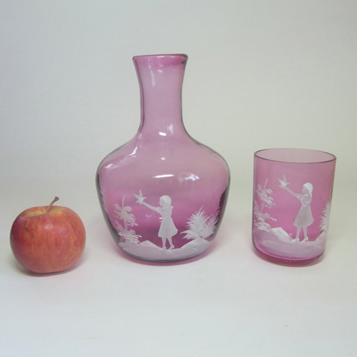 (image for) Mary Gregory Enamelled Pink Glass Carafe + Tumbler Set - Click Image to Close