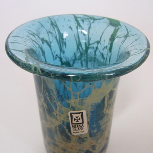 (image for) Mdina 'Blue Crizzle' Maltese Blue + Yellow Glass Vase - Labelled - Click Image to Close
