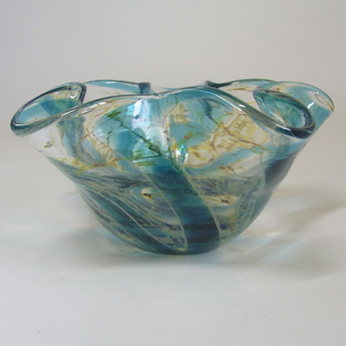 (image for) Mdina 'Crysal Blue Stripe' Glass Bowl Yellow Threading - Click Image to Close