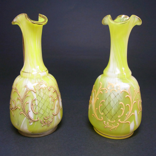 (image for) Pair of Welz Bohemian Lemon Yellow & White Spatter Glass Vases/Jugs - Click Image to Close