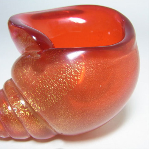 (image for) Murano 1950's Red Glass Gold Leaf Cornucopia/Shell Bowl - Click Image to Close