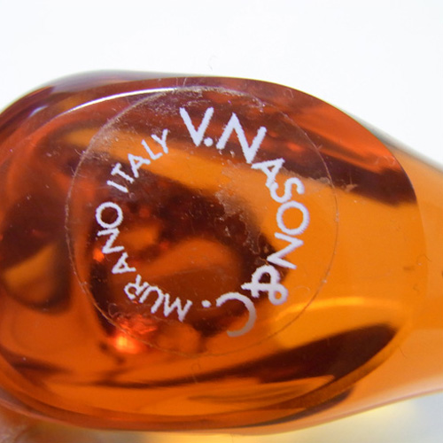 (image for) V Nason & C Murano Amber Glass Bird - Labelled + Signed - Click Image to Close