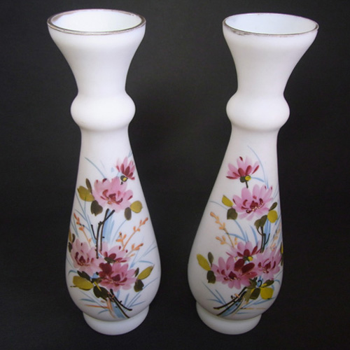 (image for) 2 x Victorian Hand Painted/Enamelled Opaque Glass Vases - Click Image to Close