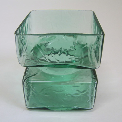 Vintage Square Hooped Green Textured Glass Vase - Click Image to Close