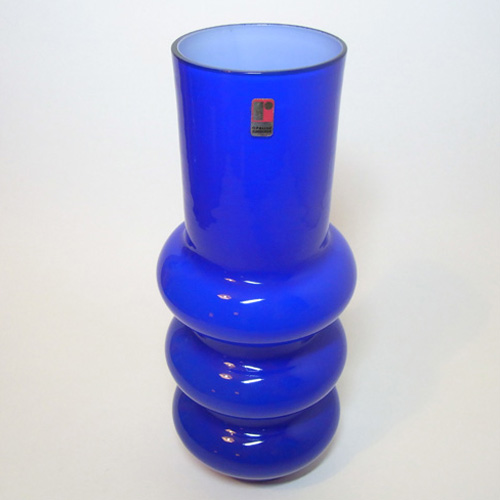 (image for) Ryd Glasbruk Swedish / Scandinavian Blue Glass Hooped 10.5" Vase - Label - Click Image to Close