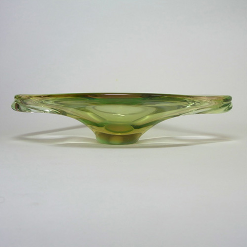 (image for) Skrdlovice #5647 Czech Green & Amber Glass Bowl by Jan Broz - Click Image to Close