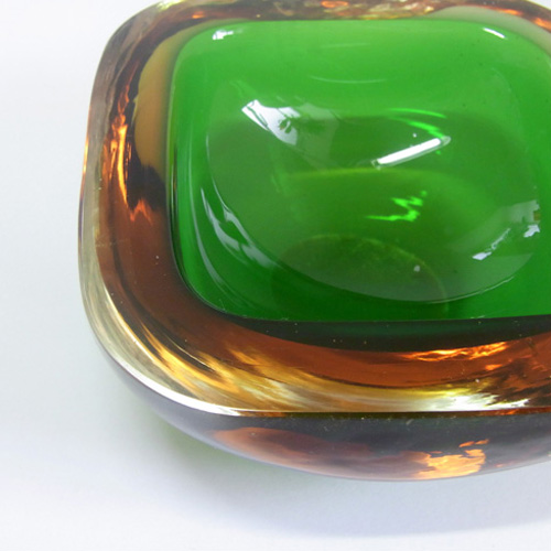 Murano Geode Green & Amber Sommerso Glass Square Bowl - Click Image to Close