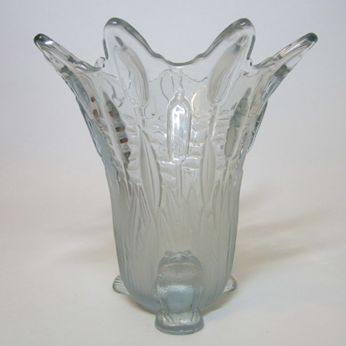 Sowerby Art Deco 1930s Blue Glass Frog + Bullrush Vase - Click Image to Close