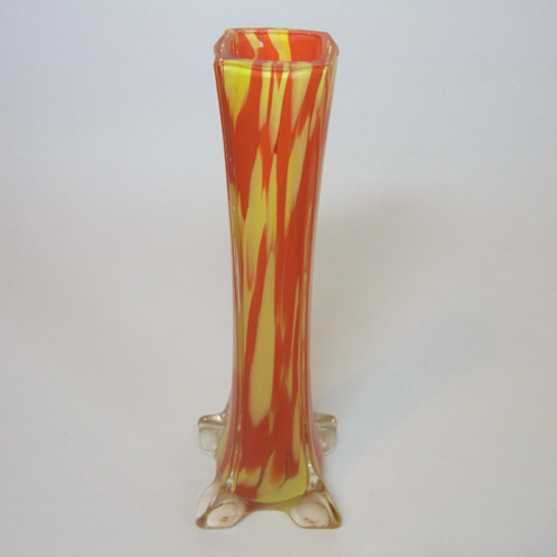Czech 1930's Red & Yellow Spatter Glass Stem Vase - Click Image to Close