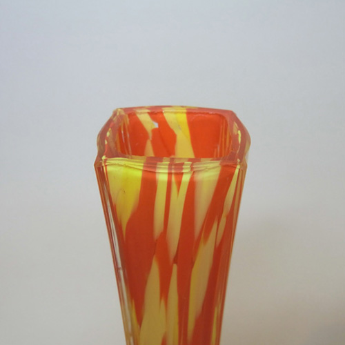 Czech 1930's Red & Yellow Spatter Glass Stem Vase - Click Image to Close