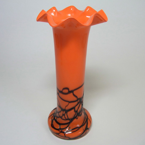1930's Czech Orange & Black Tango Glass Threaded Vase - Click Image to Close
