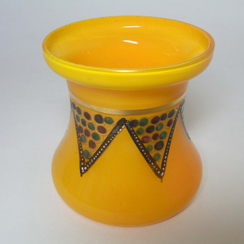 1930's Czech/Bohemian Hand Painted Orange Glass Vase - Click Image to Close