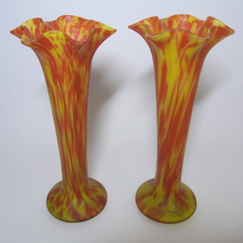 Pair of 1930's Czech Red/Yellow Spatter Glass Vases - Click Image to Close