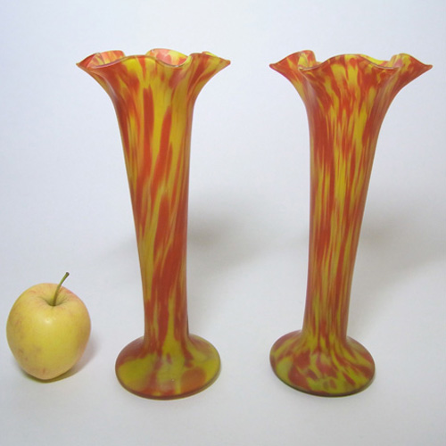 Pair of 1930's Czech Red/Yellow Spatter Glass Vases - Click Image to Close