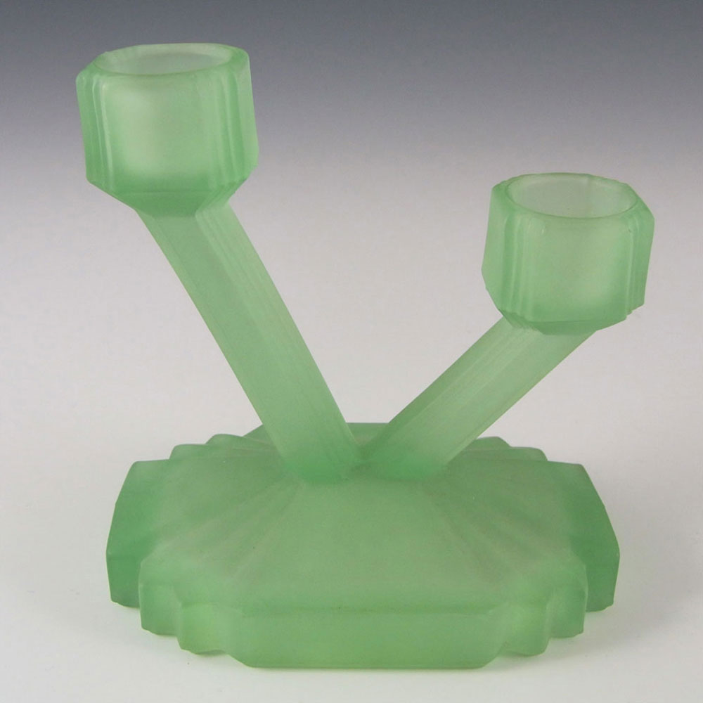 (image for) Bagley #3057 Art Deco Uranium Green Glass 'Bedford' Candlesticks - Click Image to Close