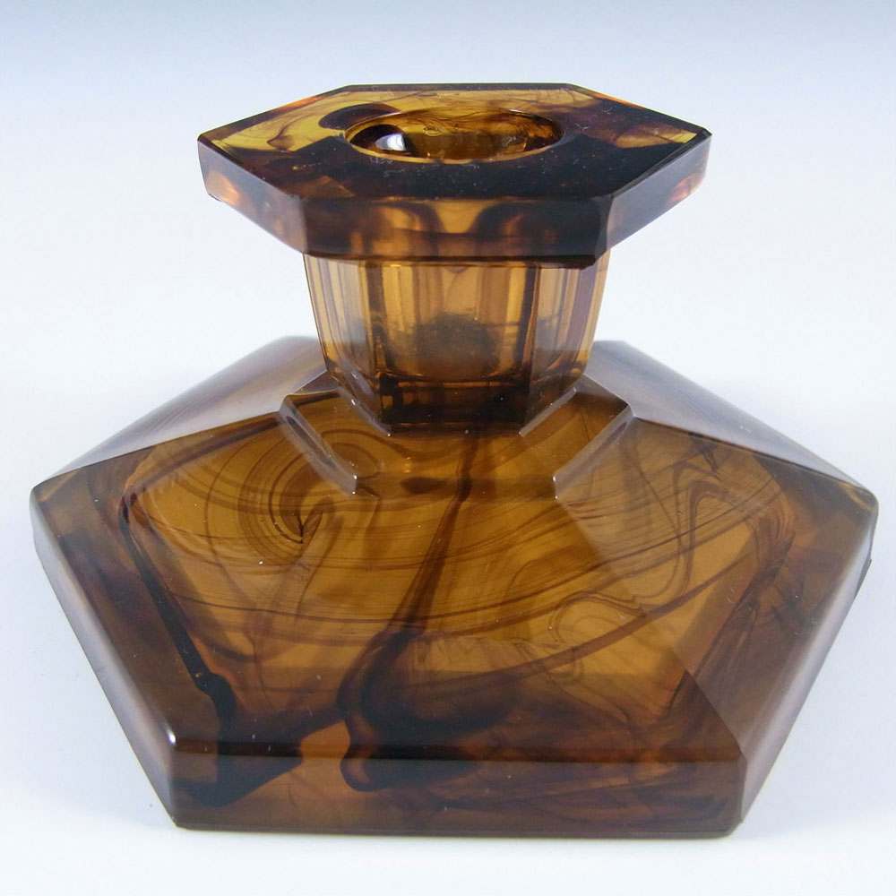 Davidson #283/S British Art Deco Amber Cloud Glass Candlesticks - Click Image to Close