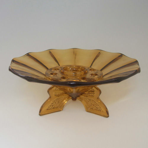 Müller & Co Large 1930s Art Deco Amber Glass Centerpiece Bowl - Click Image to Close