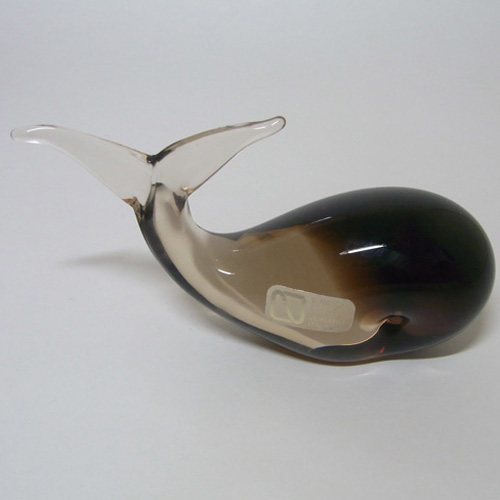V. Nason & Co Murano Smoky Glass Whale Paperweight - Label - Click Image to Close