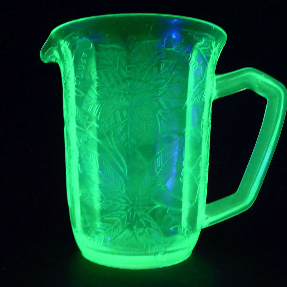 Jeannette Poinsettia Floral Green Depression Glass Jug/Pitcher - Click Image to Close