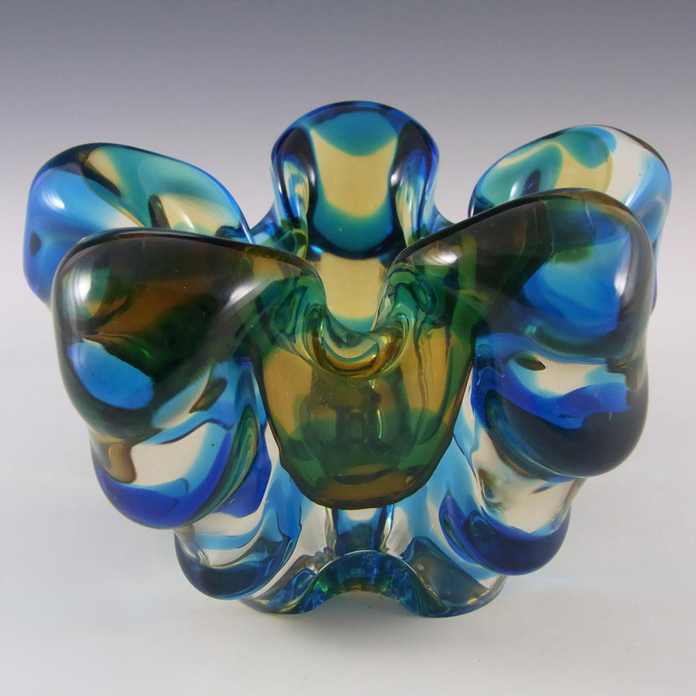 (image for) Japanese Amber & Blue Glass Organic Ribbed Sculpture Bowl - Click Image to Close