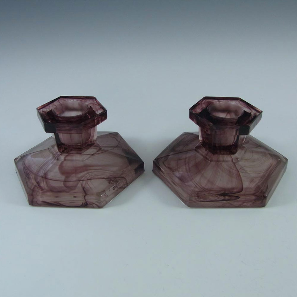 (image for) Davidson #283/S British Art Deco Purple Cloud Glass Candlesticks - Click Image to Close