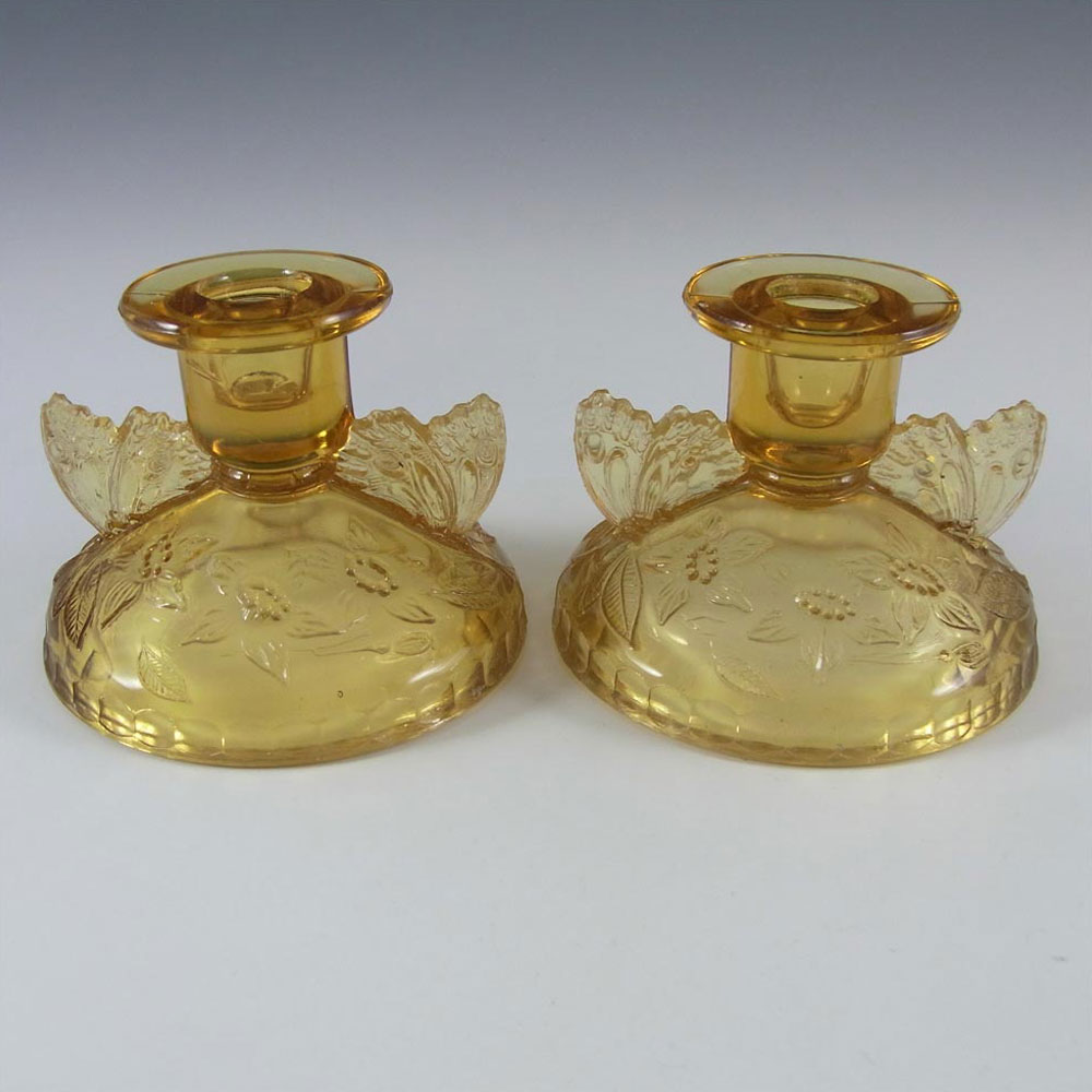 (image for) Sowerby Art Deco 1930's Amber Glass Butterfly Candlesticks - Click Image to Close